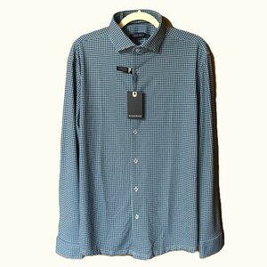 STONE ROSE Men's Button Down Long Sleeve Blue Check Stretch Shirt-Size Large
